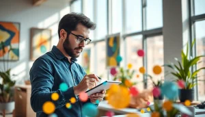 Generate stunning visuals using AI design solutions in a modern workspace environment.