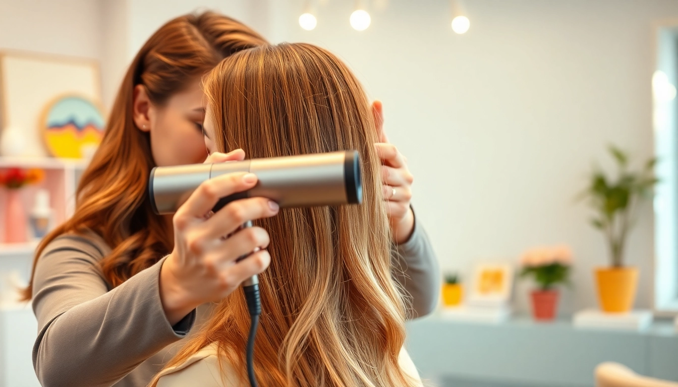 Stylist demonstrating a hair dryer for fine hair in a vibrant salon setting.