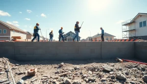 Workers forming strong footing and Block walls at a construction site under natural sunlight.