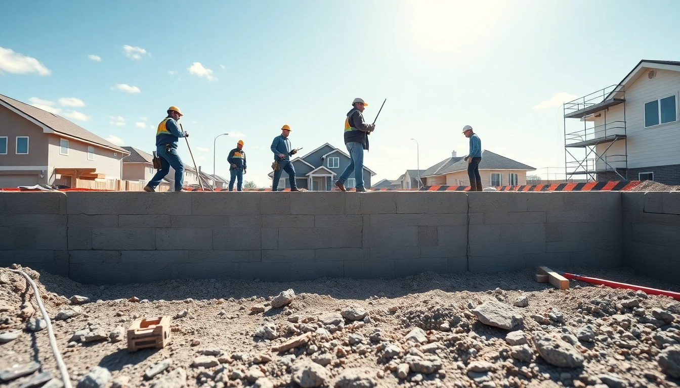 Workers forming strong footing and Block walls at a construction site under natural sunlight.