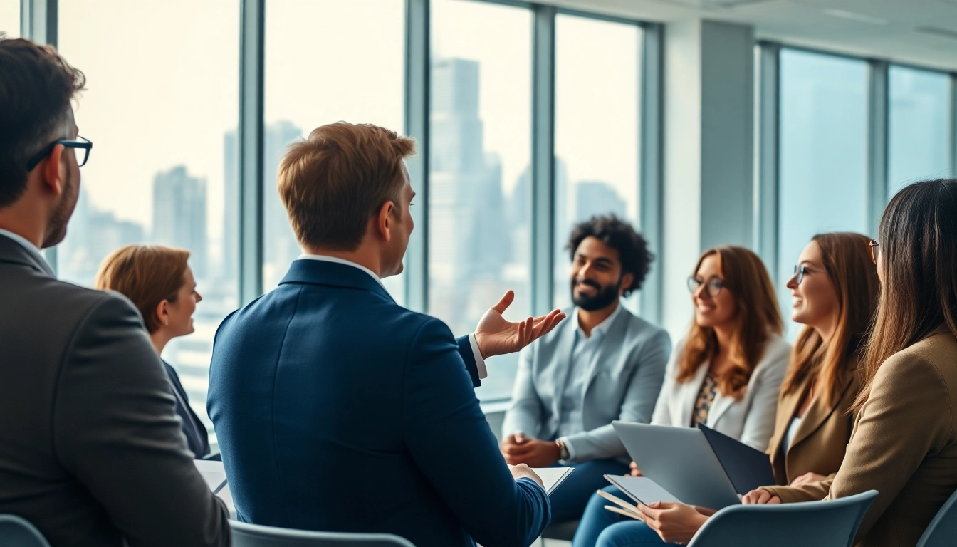 Engaging business coaching service session featuring a dynamic coach motivating an inspired audience.