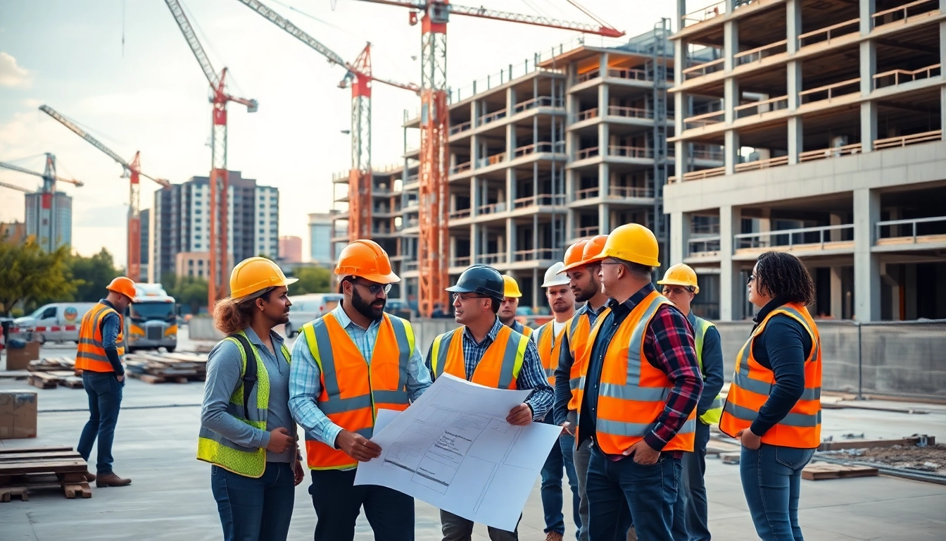 Workers engaged in austin construction projects with cranes and buildings in the background.