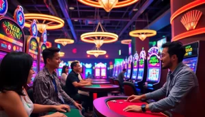 Exciting gameplay at a pagcor online casino featuring slot machines and tables with players.