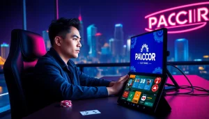 Gambler playing on the PAGCOR online casino with vibrant neon lights and a captivating setup.