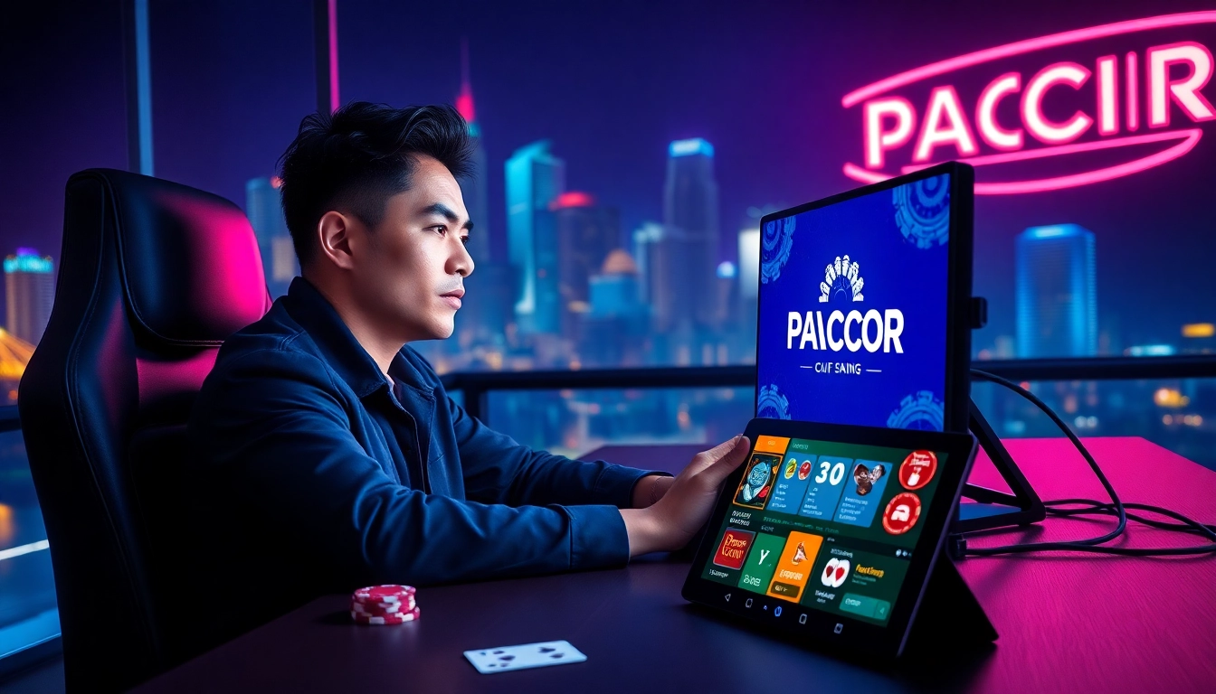 Gambler playing on the PAGCOR online casino with vibrant neon lights and a captivating setup.