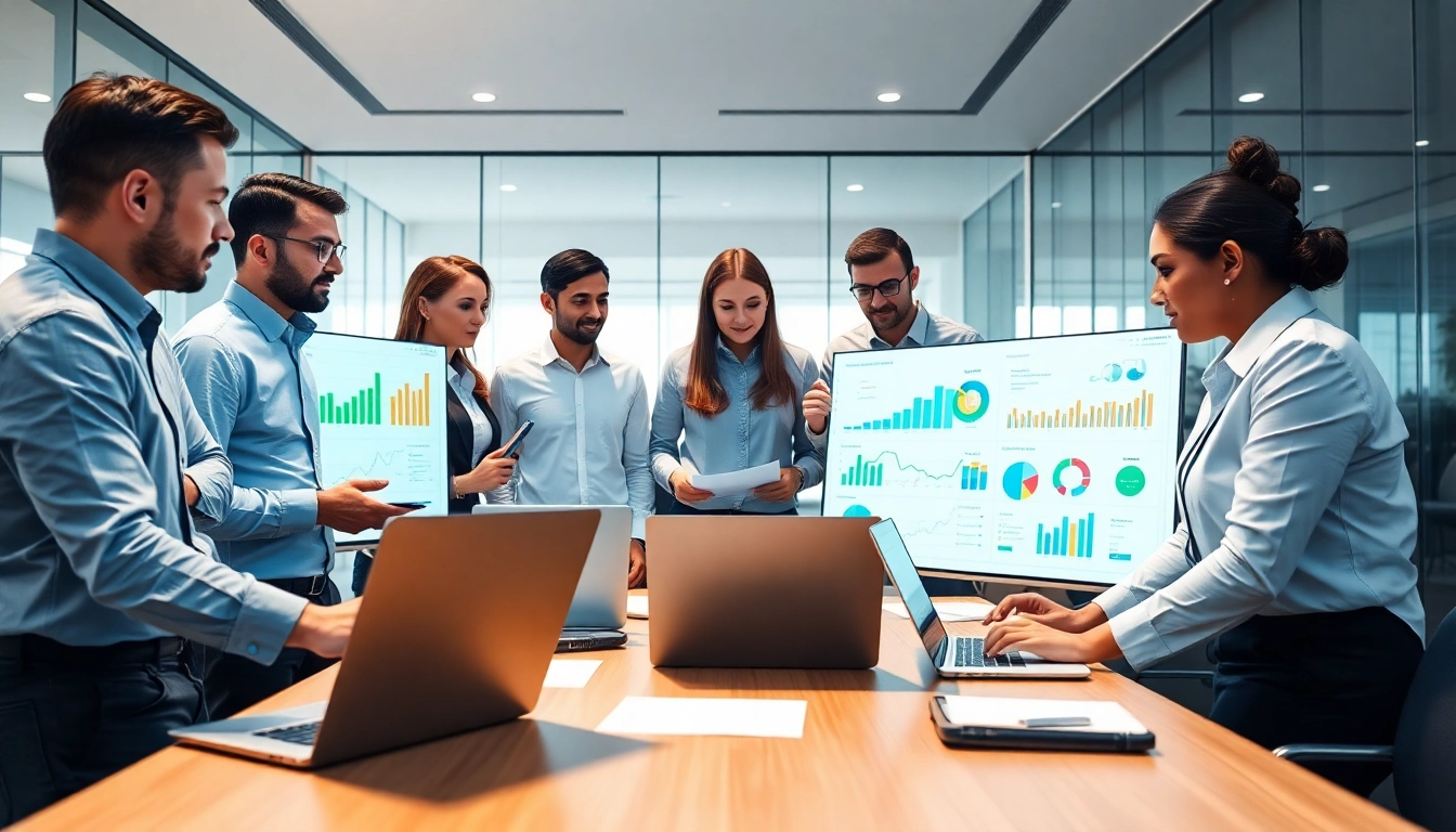 Engaging group conducting competitor analysis with data on laptops in a professional office.
