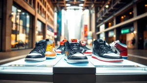 View of vibrant sneaker reps on display showcasing unique designs and textures.