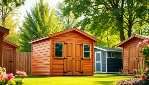 Showcase of custom storage sheds highlighting elegant designs and vibrant garden settings.