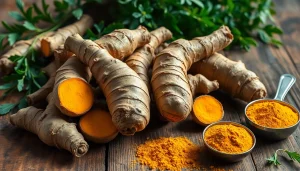 Turmeric Root prominently displayed on a rustic wooden surface with vibrant colors and natural lighting.