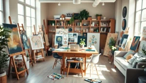 Engaging multipassionate creative in a vibrant studio workspace filled with diverse artistic tools.