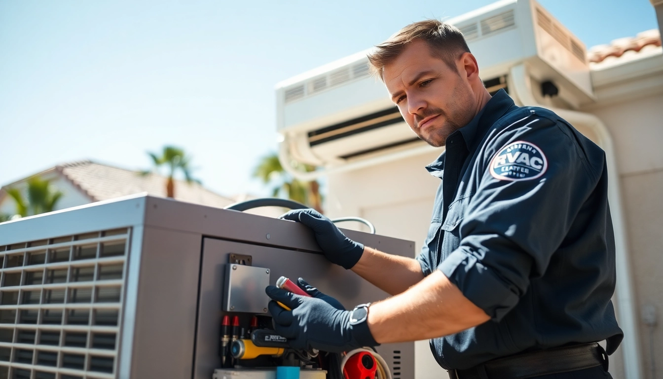 AC repair Glendale AZ with an expert technician fixing an air conditioning unit in a sunny setting.