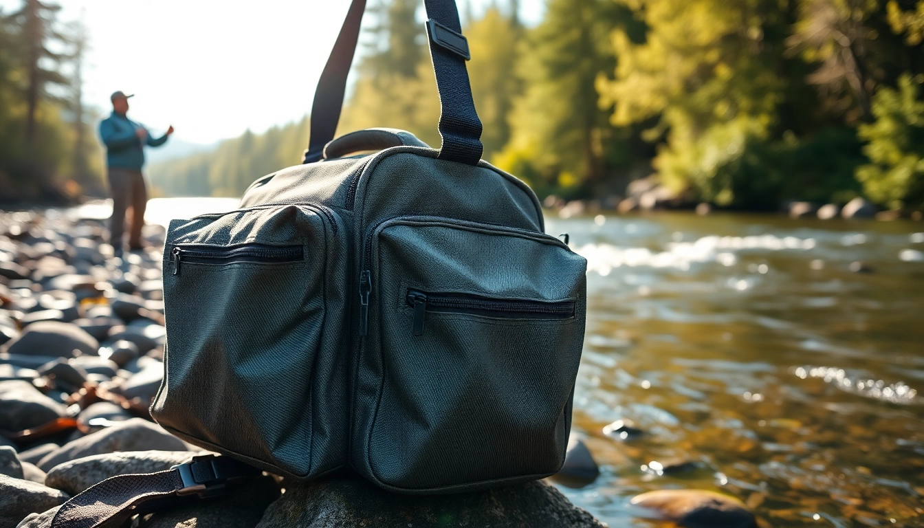 Showcasing a fly fishing bag filled with gear amidst a tranquil fishing location.