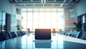 Showcase of an AI presentation layout with infographics on a laptop.
