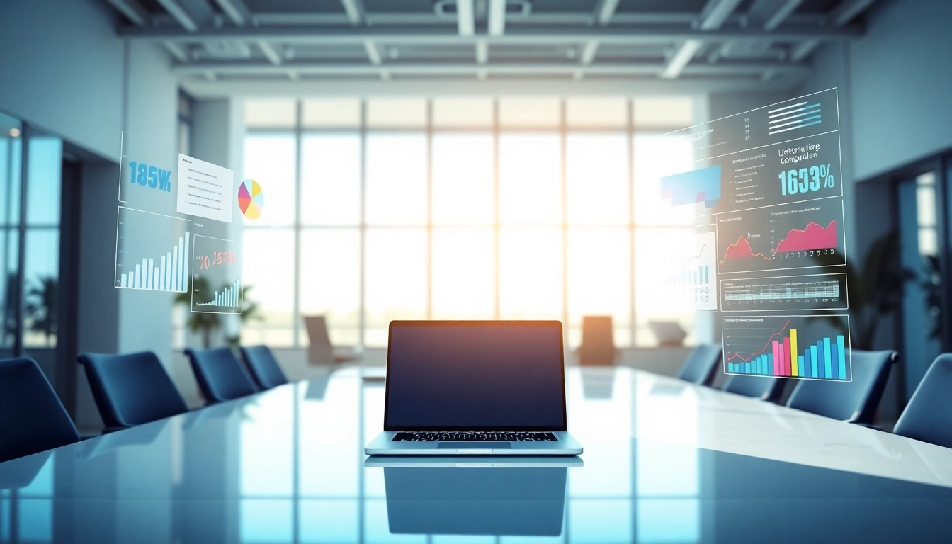 Showcase of an AI presentation layout with infographics on a laptop.