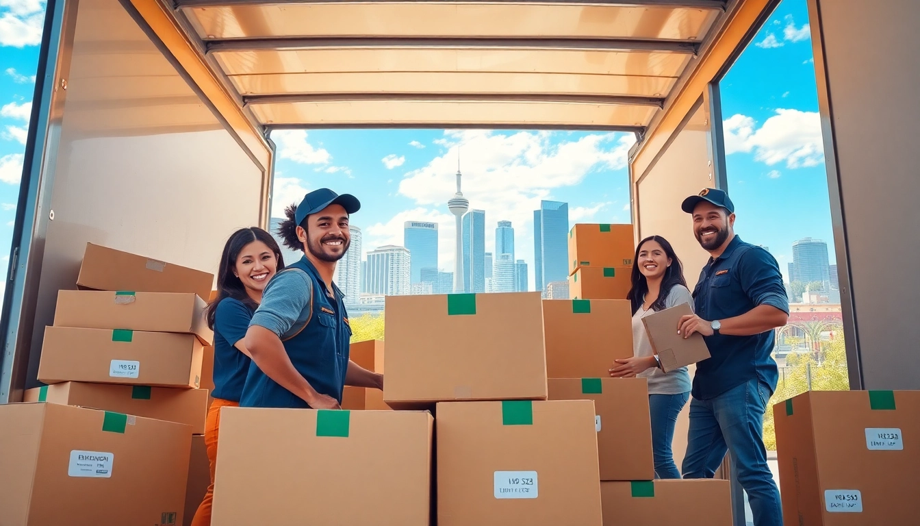 Efficient team providing moving services in Edmonton, loading a truck with labeled boxes.