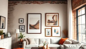 Showcasing large frames in an inviting living room with stylish decor and bright lighting.