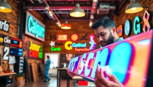 Calgary sign company showcasing a dedicated designer crafting custom signs in a vibrant studio.