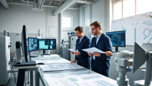 Piping stress analysis company team reviewing engineering data in a high-tech laboratory.