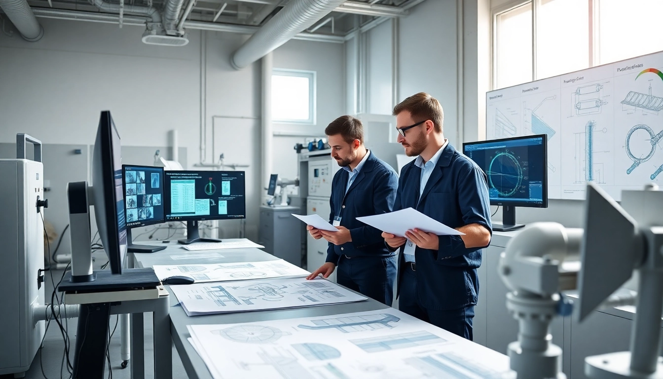 Piping stress analysis company team reviewing engineering data in a high-tech laboratory.