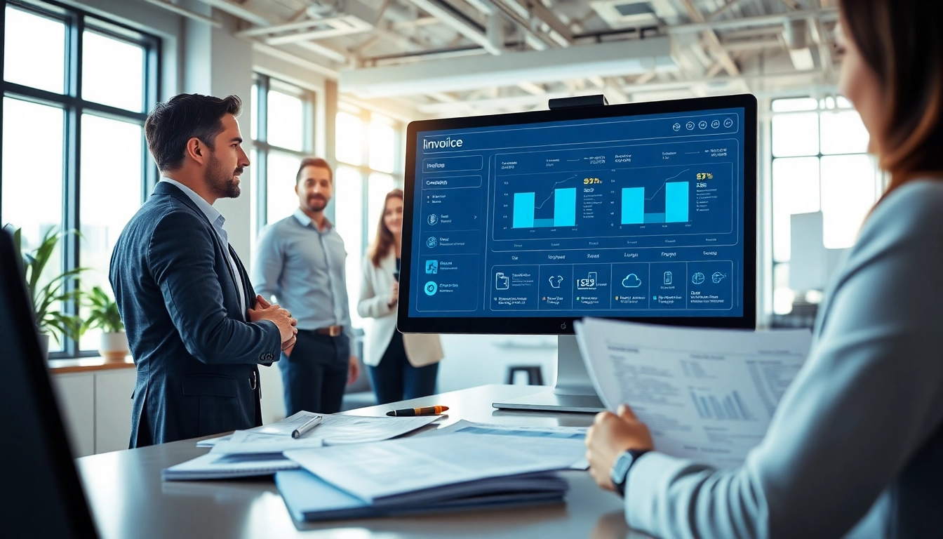 Showcasing a streamlined invoice processing solution with professionals analyzing data in an office.