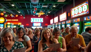 Excited players enjoying bingo casino games in a lively bingo hall, showcasing diverse faces.