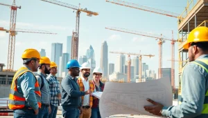 Austin construction professionals collaborating on a vibrant modern building site.