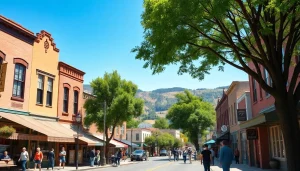 Engaging street scene in Clarksburg with locals and shops, embodying the town's inviting atmosphere.
