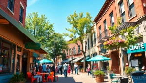 Clarksburg street with lively cafés and shops showcasing the community's vibrant atmosphere.