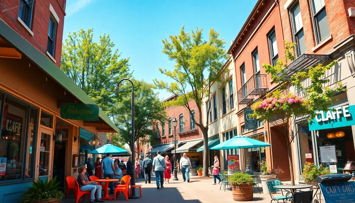 Clarksburg street with lively cafés and shops showcasing the community's vibrant atmosphere.