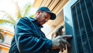 Prominent Los Angeles HVAC services showcased by a technician fixing an air conditioning unit.