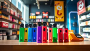 Genießen Sie die Vielfalt der Hqd Pods in einem modernen Vape-Shop mit leuchtenden Farben.