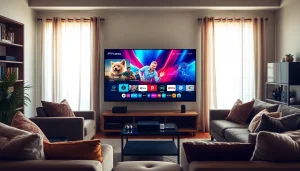 Engaging visual of an IPTV Subscription setup in a cozy living room with modern technology.