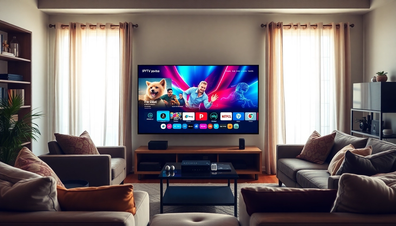 Engaging visual of an IPTV Subscription setup in a cozy living room with modern technology.
