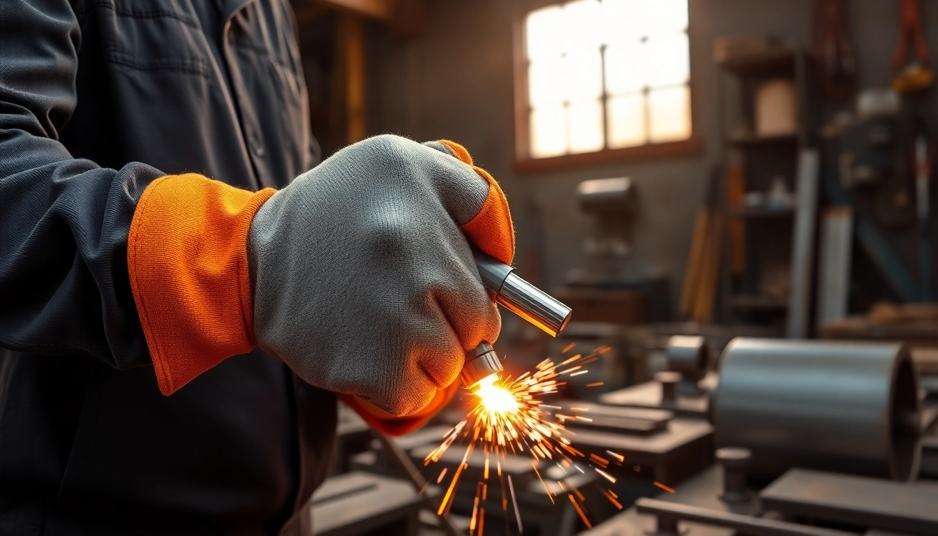 Welder using welding gloves while welding metal in a workshop.