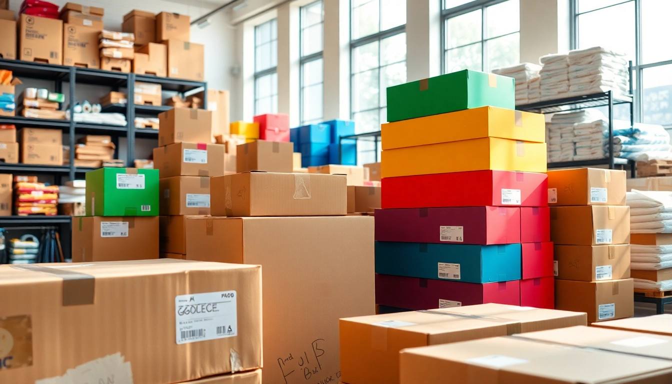 Showcasing boxes of various sizes and colors in a shipping store setting.