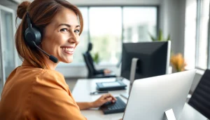 Engaging virtual answer service with a professional receptionist in a modern office.