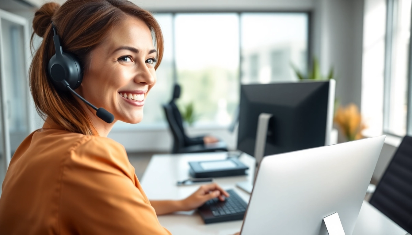 Engaging virtual answer service with a professional receptionist in a modern office.