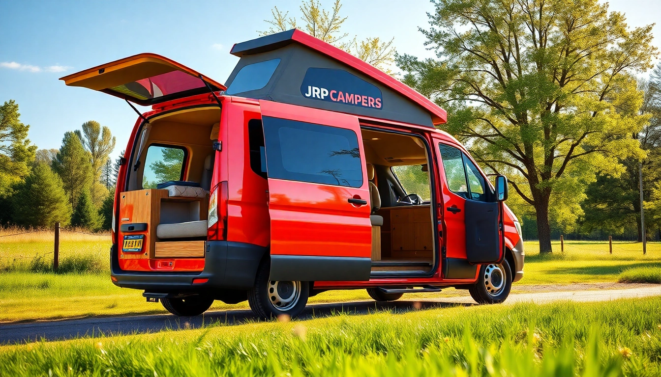 Customized JRP Campers van parked in a scenic countryside, showcasing its inviting interior design.