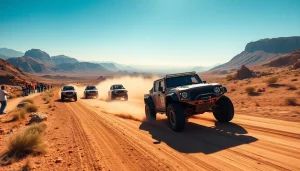 Baja race trucks racing through rugged terrain, showcasing thrilling off-road competition.