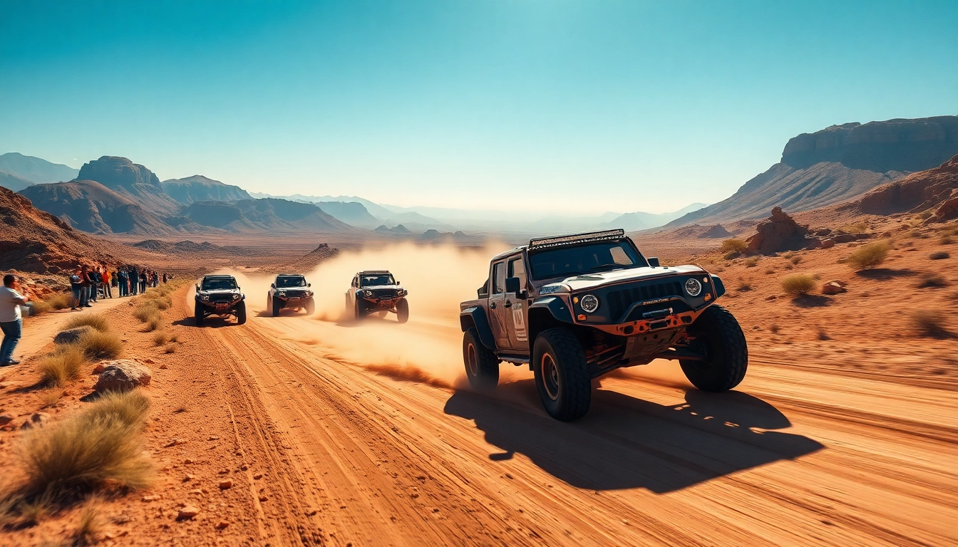 Baja race trucks racing through rugged terrain, showcasing thrilling off-road competition.