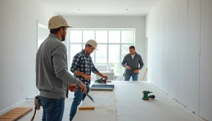 Drywall contractors demonstrating skilled installation techniques in a modern home setting.