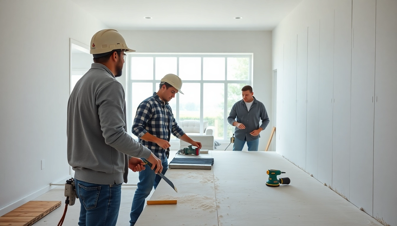 Drywall contractors demonstrating skilled installation techniques in a modern home setting.
