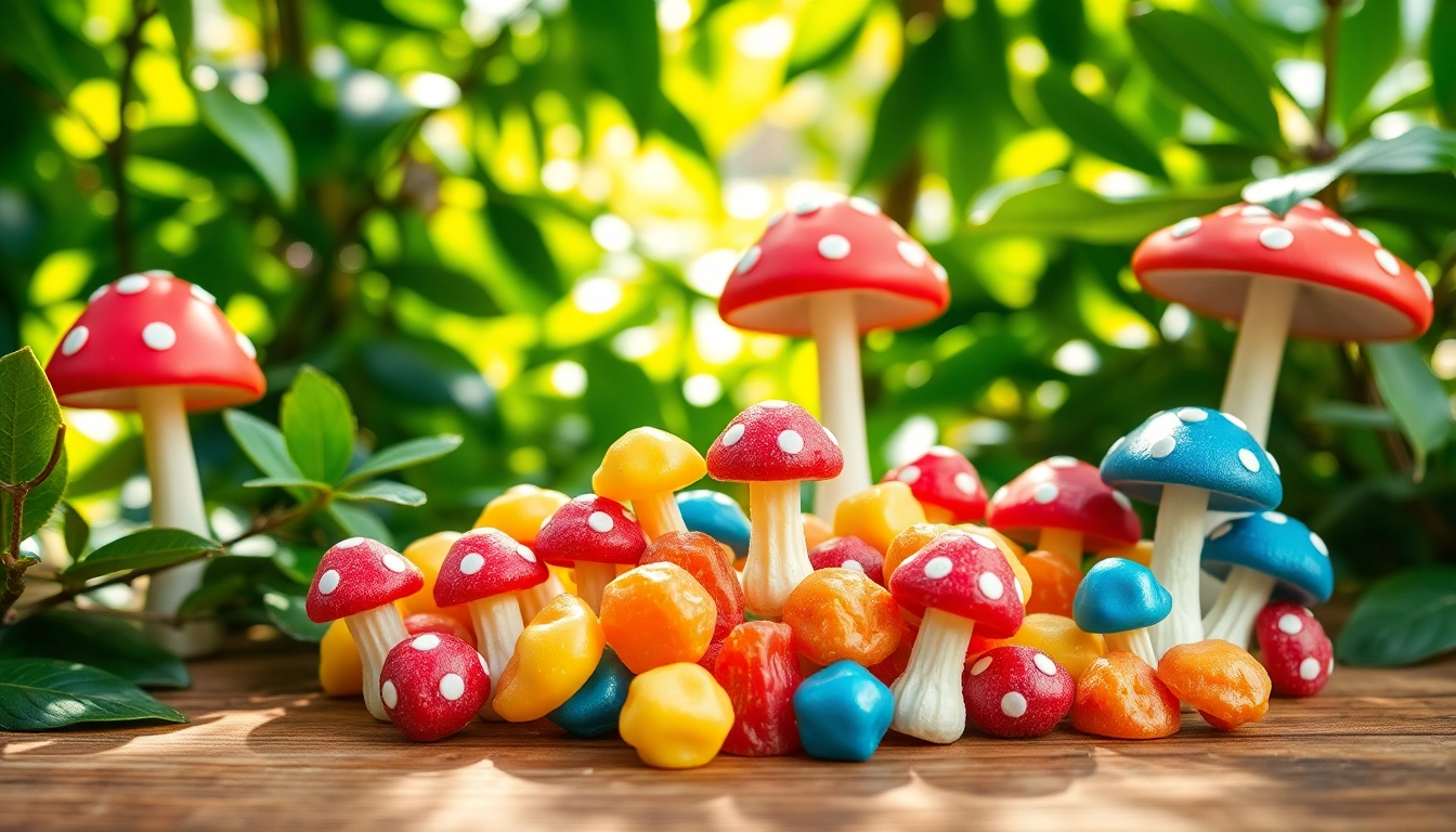 Brightly colored magic mushroom candy arranged on a table in a serene garden setting.