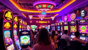 Gamers enjoying JILI Games slots in a vibrant casino atmosphere filled with excitement.