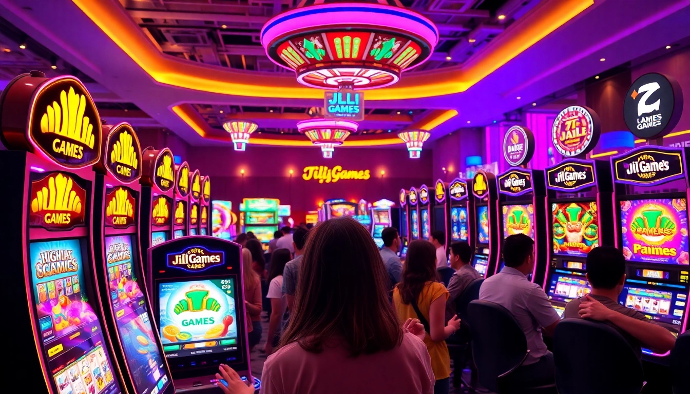 Gamers enjoying JILI Games slots in a vibrant casino atmosphere filled with excitement.