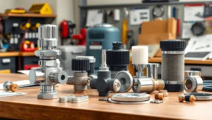 Showcase of compressor spare parts including pressure switches and check valves on a workshop table.
