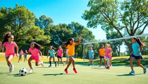 Girls enjoying Multi Sports Camps for Girls, showcasing teamwork and athleticism in a vibrant summer setting.