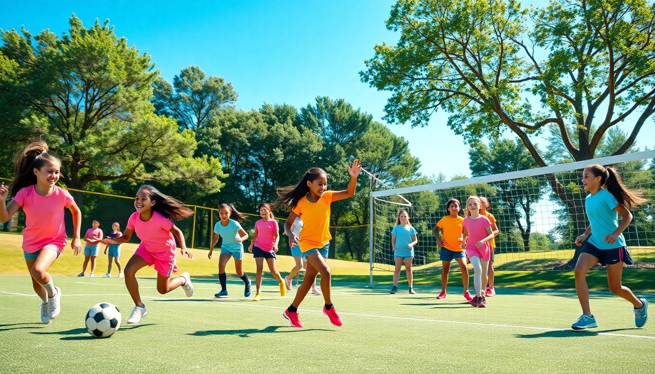 Girls enjoying Multi Sports Camps for Girls, showcasing teamwork and athleticism in a vibrant summer setting.