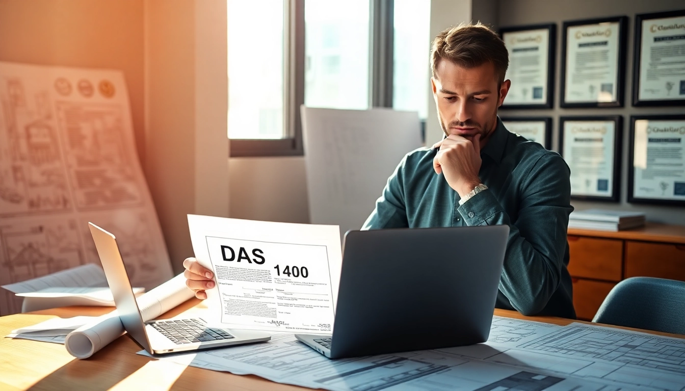 Contractor submitting a das 140 form with construction plans in a professional setting.