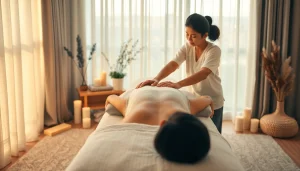 출장마사지 중인 마사지 치료사의 손과 아늑한 집 환경